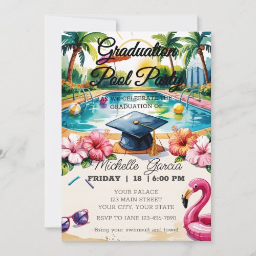 Customize Flamingo Pool Graduation Party Hibiscus