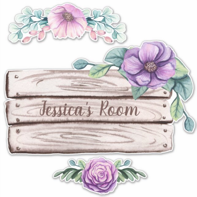 Customize Floral Faux Wood Sign Child's Room Sticker (Front)