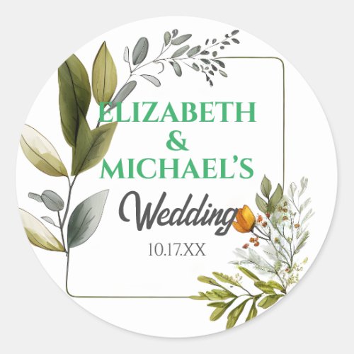 Customize Floral Sketch Wedding Botanical Drawing  Classic Round Sticker