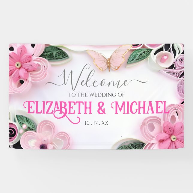 Customize Floral Wedding Frame Pastel Butterfly  Banner (Horizontal)
