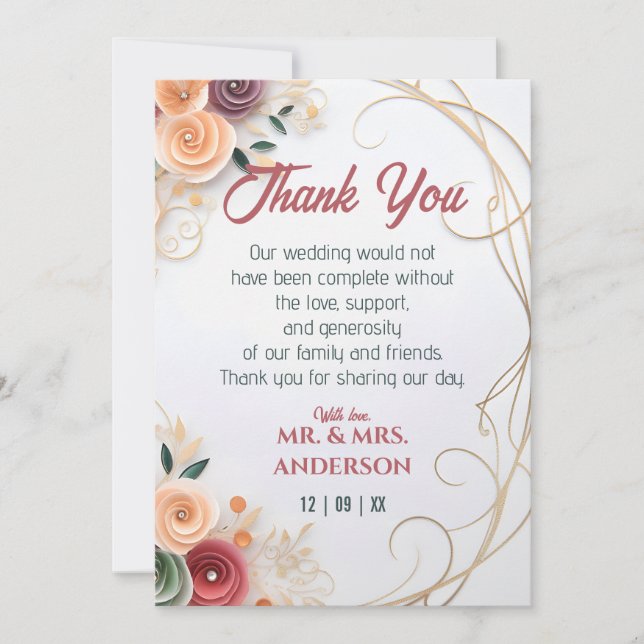 Customize Floral Wedding Rose Paper Quilling Frame Thank You Card (Front)