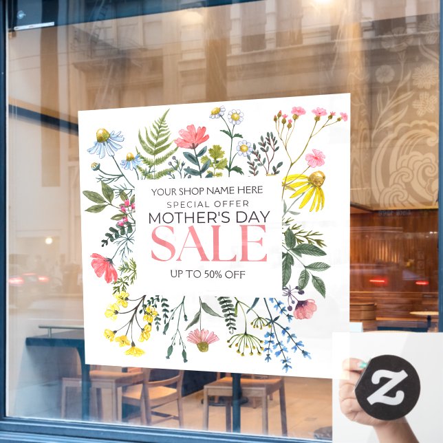 Customize Floral White Mother's Day Sale Shop Window Cling (Cafe Window)