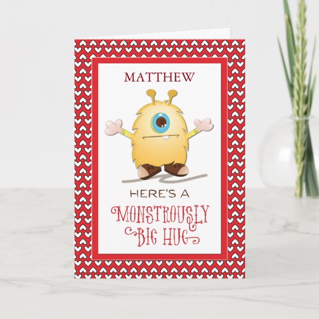 Customize for Any Name Monster Hug Valentine Heart Holiday Card (Front)