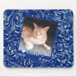 Customize frame photo cat pet on dark blue texture mouse pad<br><div class="desc">Customizable framed photo of cat or dog and its name and something extra,  date...  over blue background that simulates the curves of the textured wall.</div>