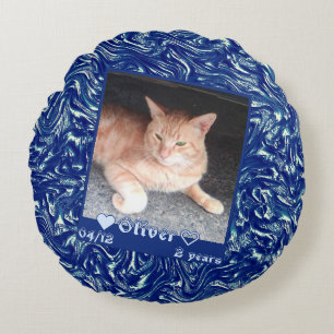 Customize frame photo cat pet on dark blue texture round pillow