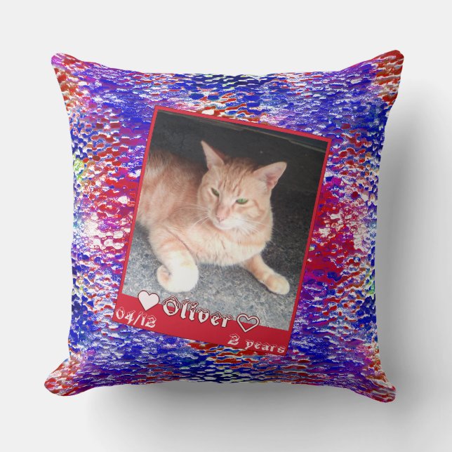 Customize framed photo cat pet on blue red texture throw pillow (Front)