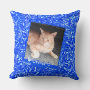 Customize framed photo cat pet over blue texture throw pillow