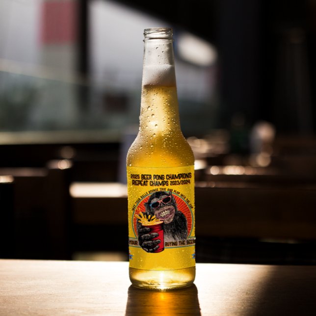 Customize Funny Beer Pong Champs Chimpanzee Beer Bottle Label (Creator Uploaded)