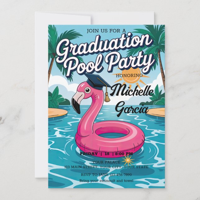 Customize Funny Flamingo Graduation Cap Pool Party Invitation (Front)