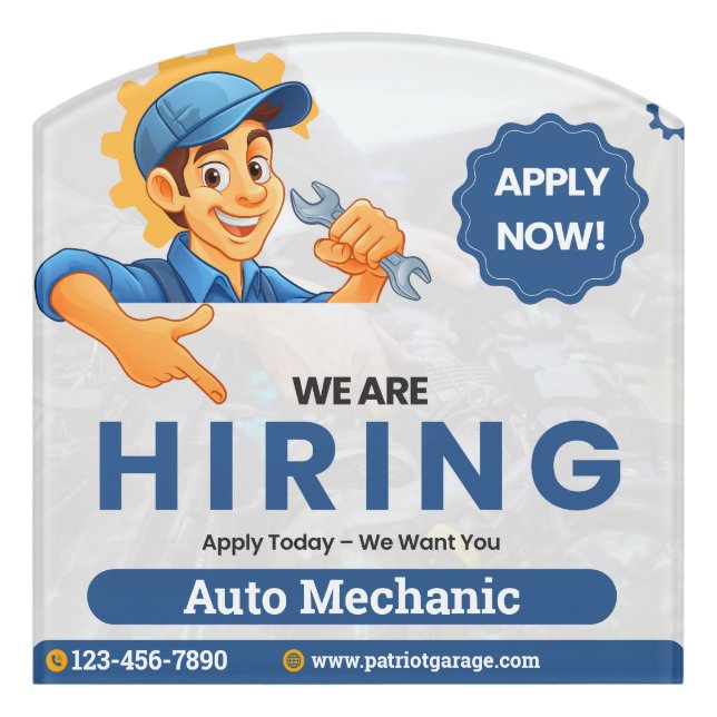 Customize Generic Now Hiring Auto Mechanic  Door Sign (Contour Front)