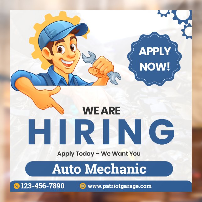 Customize Generic Now Hiring Auto Mechanic  Window Cling (Sheet 2)