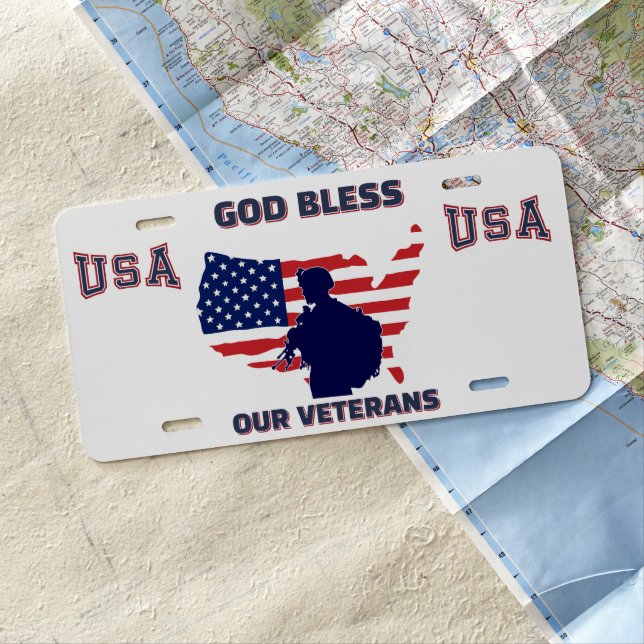 Customize God Bless Support Our Veterans Patriotic License Plate (In Situ)