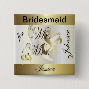 Customize Gold and White Dove Wedding Party Pinback Button