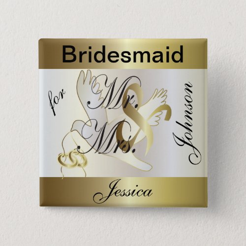 Customize Gold and White Dove Wedding Party Pinback Button