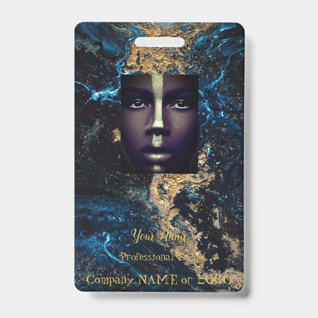 Customize Gold Blue MARBLE Name Tag Badge (Front)