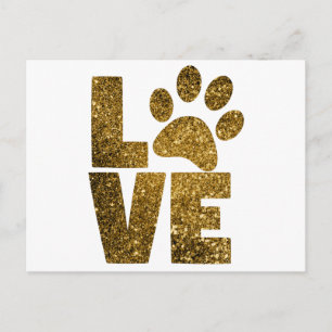 Customize Golden Glitter Love Text with Animal Paw Postcard