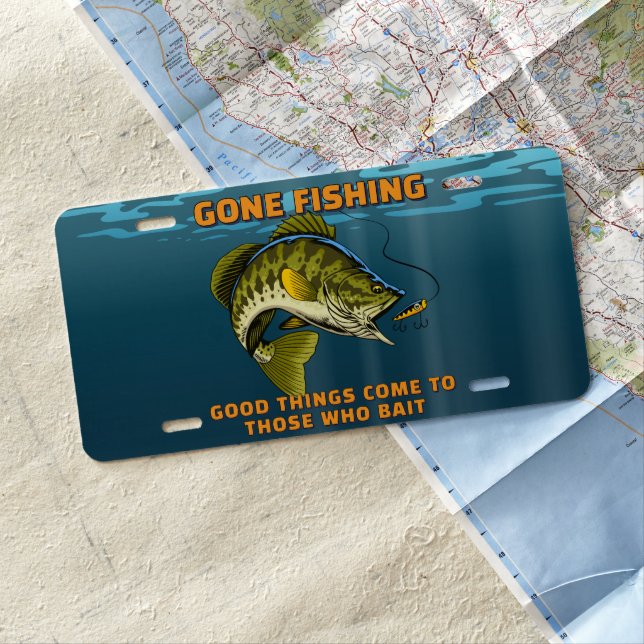 Customize Gone Fishing Bass Fisherman Gift License Plate (In Situ)