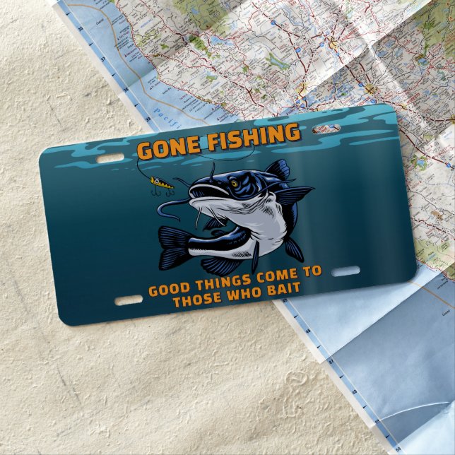 Customize Gone Fishing Catfish 2  Fisherman Gift License Plate (In Situ)