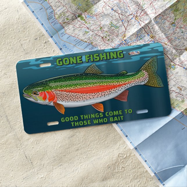 Customize Gone Fishing Rainbow Trout Fisherman Gif License Plate (In Situ)