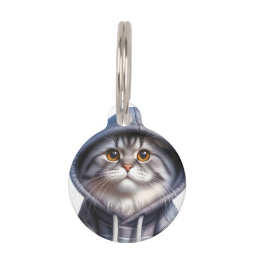 Customize Gray and White Tabby Cat Wearing Hoodie  Pet ID Tag