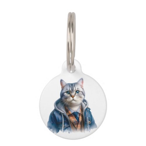 Customize Gray Tabby Cat Blue Eyes Wearing Hoodie Pet ID Tag