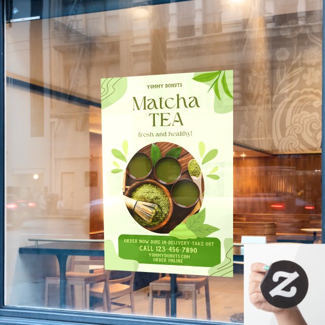 Customize Green Organic Matcha Tea Drink Advert Window Cling (Cafe Window)