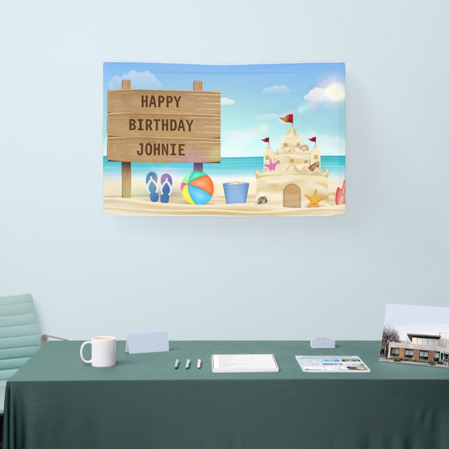 Customize Happy Birthday Boy Beach Sand Castle  Banner (Tradeshow)