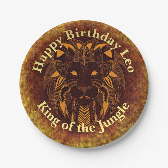 Customize Happy Birthday Golden Brown Tribal Lion Paper Plates (Front)