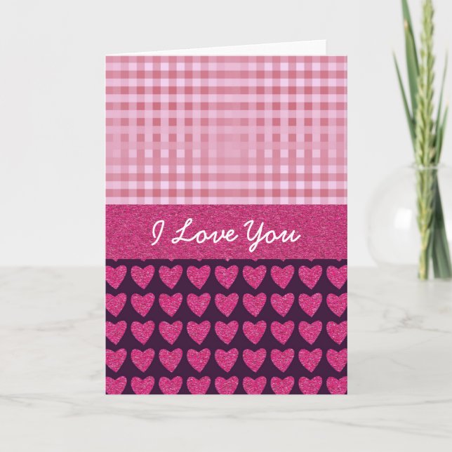 Customize I Love You pink hearts and gingham Holiday Card (Front)