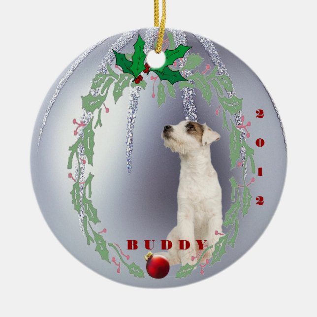 Customize it - Jack Russell Puppys 1st  Christmas Ceramic Ornament (Front)
