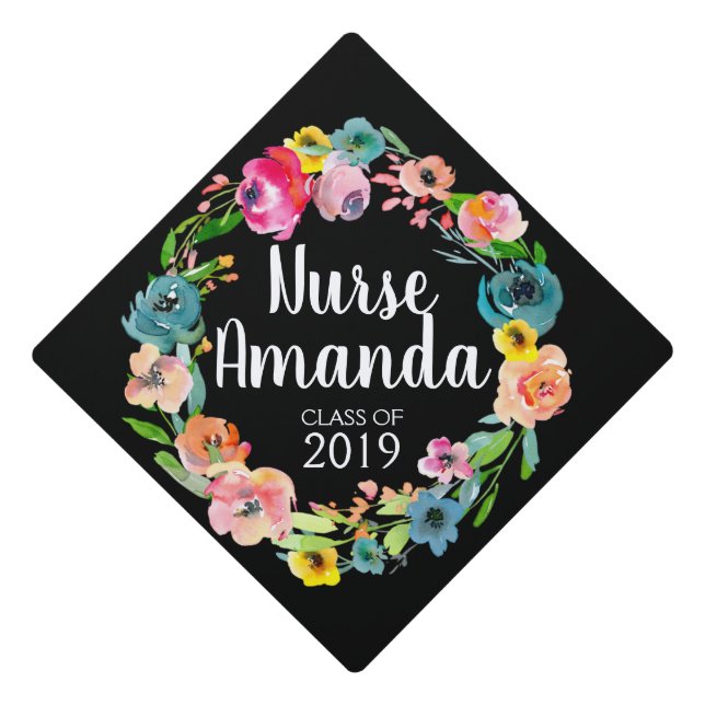 Customize it! Personalized Watercolor Floral Graduation Cap Topper (Front)