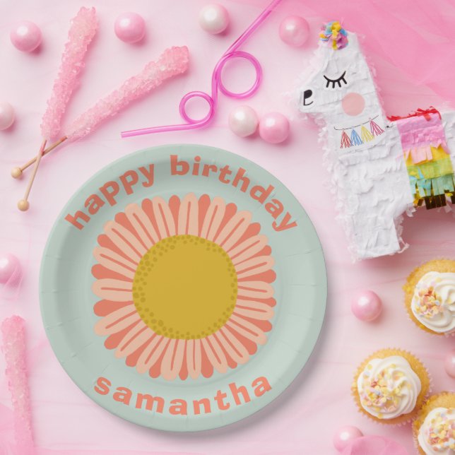 CUSTOMIZE IT Pink Daisy Sunflower Happy birthday  Paper Plates (Party)