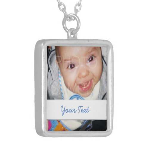 Customize it with Your photo and Blue text Silver Plated Necklace