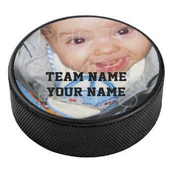 Customize It With Your Photo Custom Name And Team Hockey Puck by PLdesign at Zazzle