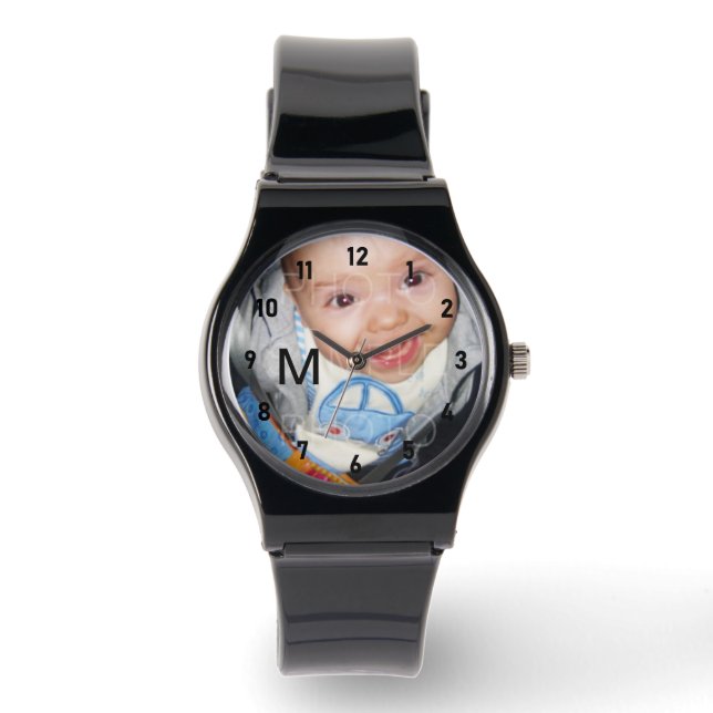 Customize it Your photo monogram black numbers Watch (Front)
