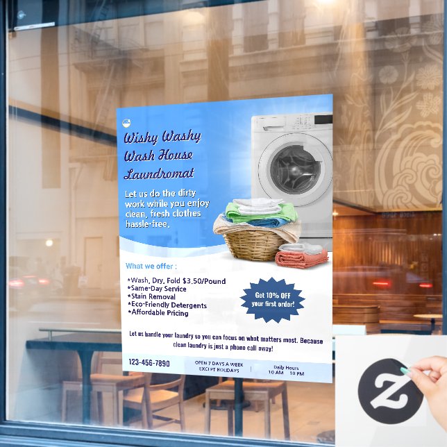 Customize Laundromat Laundry Service Wash and Fold Window Cling (Cafe Window)