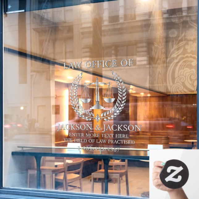Customize Lawyer Law Office Detailed Front Silver Window Cling (Cafe Window)