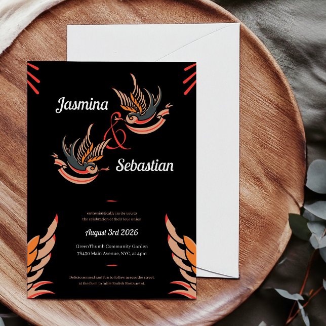 Customize Love Swallows Tattoo Rockabilly Wedding Invitation (Retro rockabilly Wedding Invitation with card, with tattoo style love swallows on black background.)