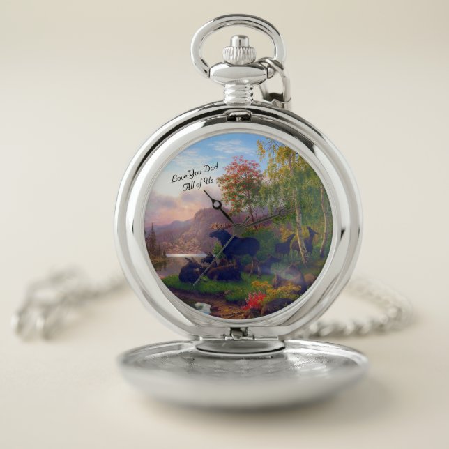 Customize Majestic Moose Swedish Autumn Landscape  Pocket Watch (Inside)