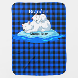 Customize Mama Baby Bear Blue Buffalo Plaid Baby Blanket