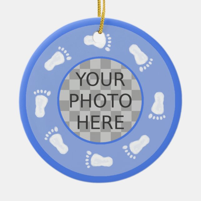 Customize Me! Blue Baby Footprints Photo Ornament (Front)