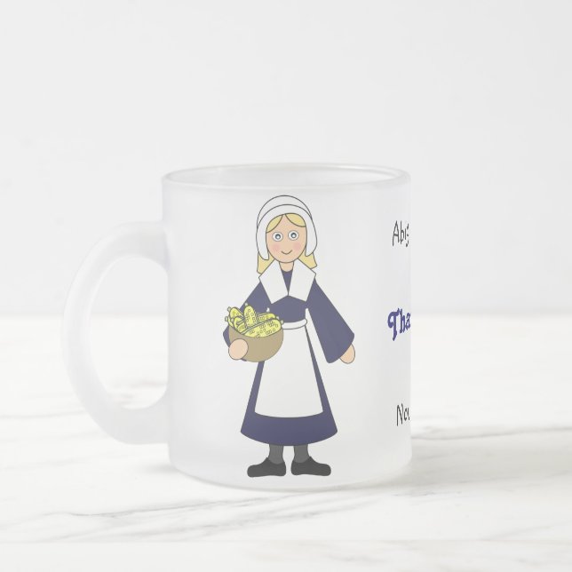 Customize Me -- Thanksgiving Pilgrim (girl) Frosted Glass Coffee Mug (Left)