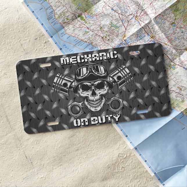 Customize Mechanic On Duty Skull Pistons License Plate (In Situ)