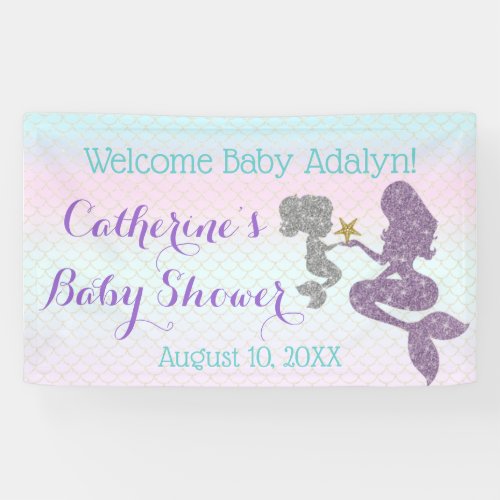 Customize Mermaid Baby Shower Purple Teal Backdrop Banner