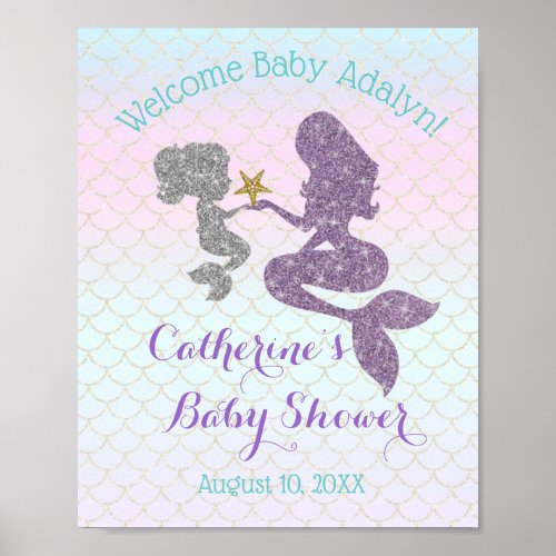 Customize Mermaid Baby Shower Purple Teal Welcome Poster