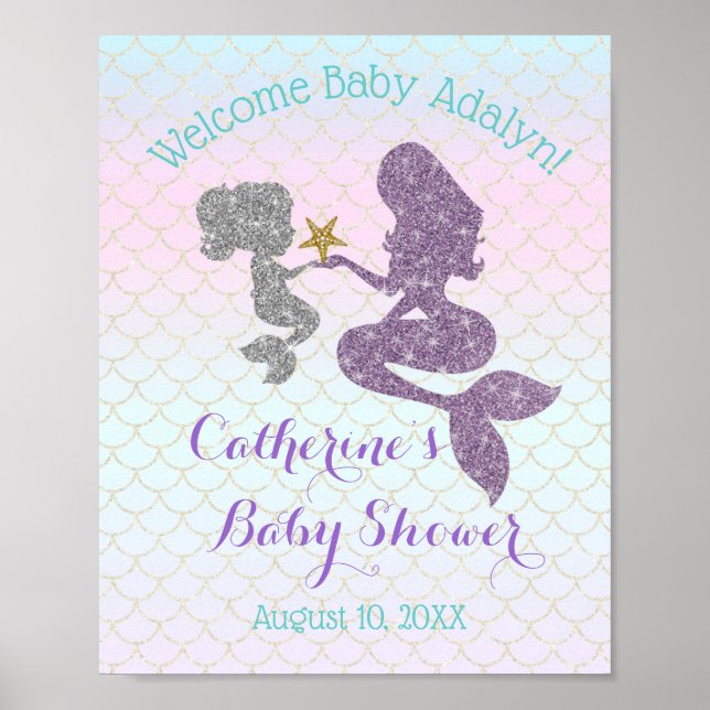 Customize Mermaid Baby Shower Purple Teal Welcome Poster (Front)