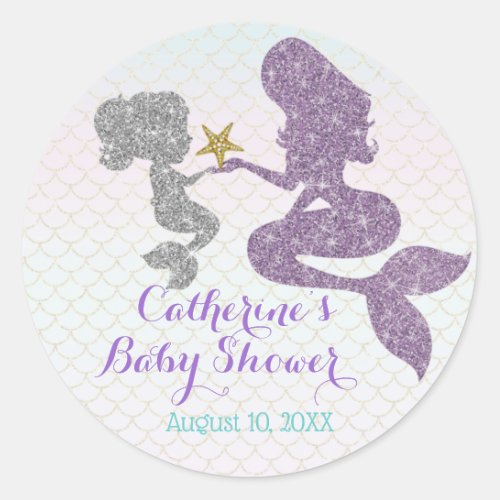 Customize Mermaid Baby Shower Sparkle Purple Teal Classic Round Sticker