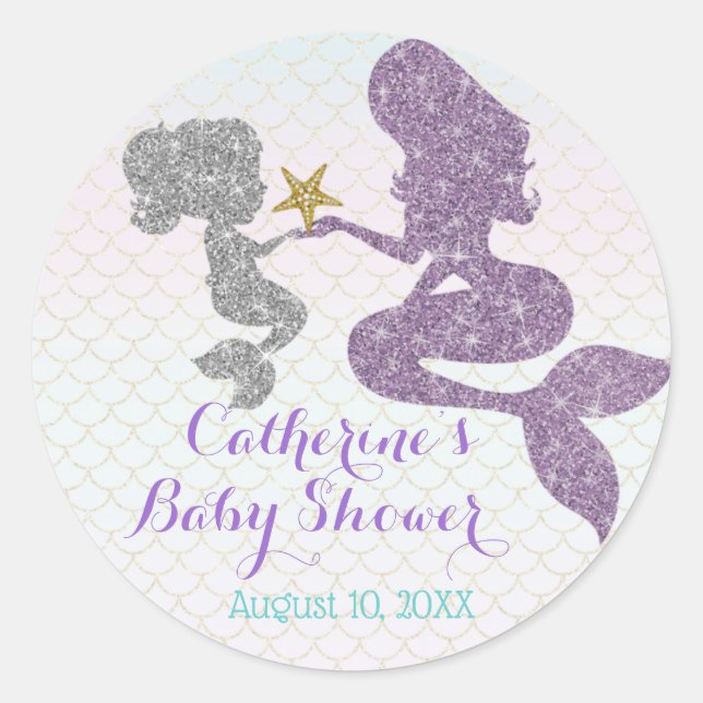 Customize Mermaid Baby Shower Sparkle Purple Teal Classic Round Sticker (Front)