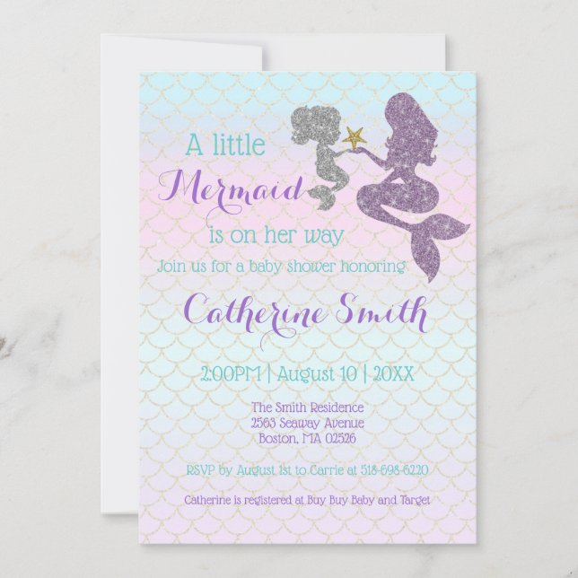 Customize Mermaid Baby Shower Sparkle Purple Teal Invitation (Front)