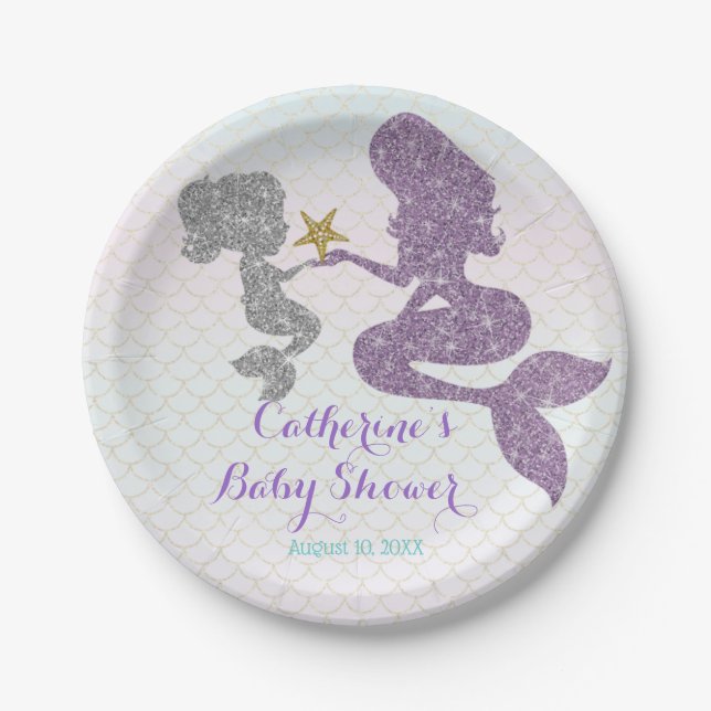 Customize Mermaid Baby Shower Sparkle Purple Teal Paper Plates (Front)